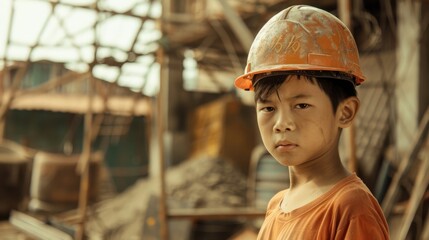 A young boy working on a construction site, with a hard hat on his head, highlighting the issue of child labor in the construction industry.