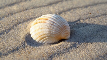 Sunlit seashell on sandy beach