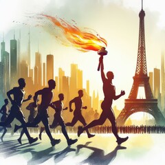 People running, marathon runner holding olympic games torch with eiffel tower paris background illustration. - obrazy, fototapety, plakaty