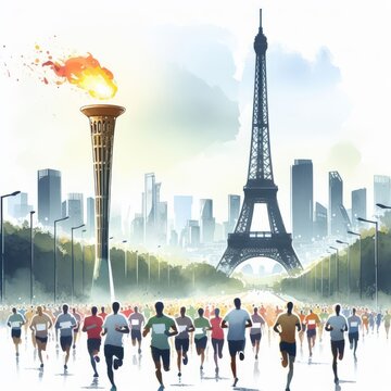 Olympic Games torch with Paris Eiffel tower background.