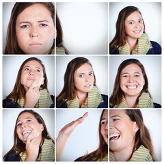 Woman, facial expressions and composite with collage in studio with funny or joyful in portrait...