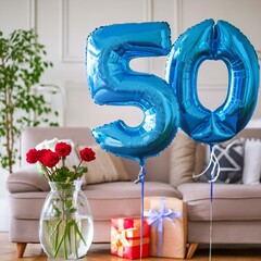 Anniversary metallic blue helium balloons forming number 50 in a brightly lit living room with flowers and gifts