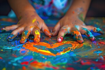 A child's hands covered in paint create a heart shape on a canvas.