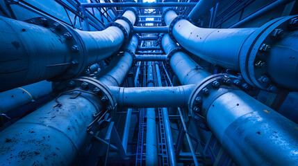 A photo of an industrial water system with multiple pipes and enamels. representing the energy loss in technology for process engineering and city plubing system in blue theme color. 