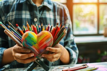A boy in a checkered shirt holds a pencil stand with a multi-colored heart in it. In the background is a window through which sunlight shines. - Powered by Adobe