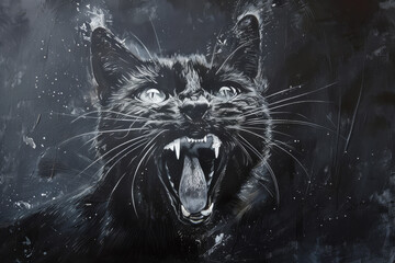 Close-up portrait of a black cat with teeth bared on black background - obrazy, fototapety, plakaty