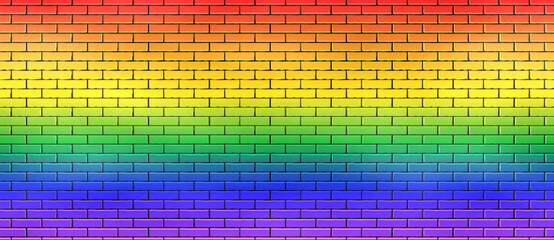 Rainbow Flag Painted On a Brick Wall Panoramic Banner. Queer Background