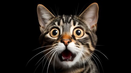 Close-up Portrait of Amusing Shorthair Cat with Open Mouth on Isolated Black Background
