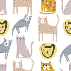 Various cute cats. Hand drawn vector illustration. Seamless pattern 