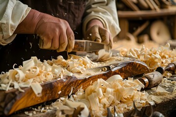 Artisans in traditional workshop with wood shavings and tools in closeup. Concept Traditional Crafts, Woodworking, Artisan Workshop, Tools and Crafts, Close-up Photography