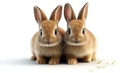 Obraz premium Two cute Easter bunnies on white background. 3D rendering.