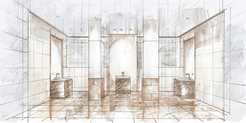 An interior design drawing of the public toilet area in white, grey tiles with light wood accents, large windows, modern style.