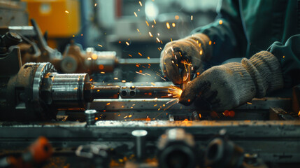 Industrial worker in action, welding steel components with bright sparks at manufacturing unit.