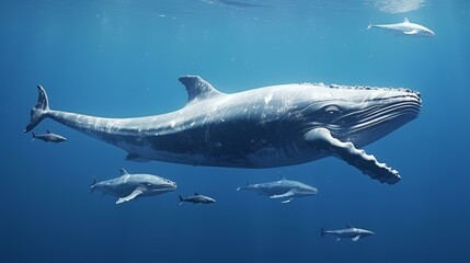 Fototapeta premium Whale swimming underwater in the deep blue ocean. 3D rendering