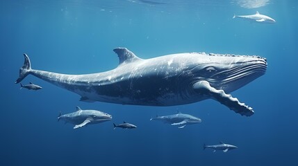 Whale swimming underwater in the deep blue ocean. 3D rendering