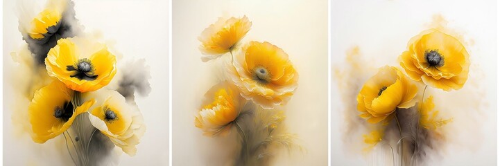 Trittico Papaveri gialli fiori. Sfondo floreale, decorazione - obrazy, fototapety, plakaty