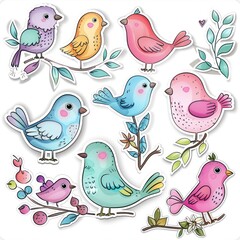 Set of cute watercolor bird stickers, perfect for adding a touch of summer to your projects. - obrazy, fototapety, plakaty