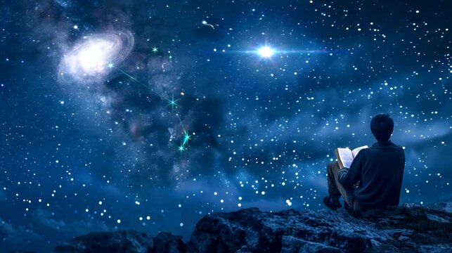 a boy reading book at night with sky background, video looping 4k