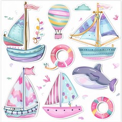 Cartoon watercolor stickers set featuring adorable ships and boats on a white background. - obrazy, fototapety, plakaty