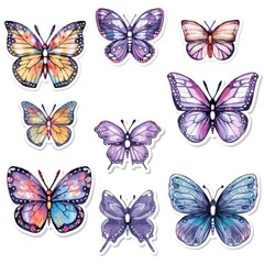 Watercolor stickers set featuring cartoon drawings of colorful butterflies in flight. - obrazy, fototapety, plakaty