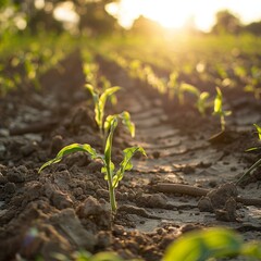 A close-up image of a tiny green corn plant growing out of dry, cracked soil towards the sunlight.