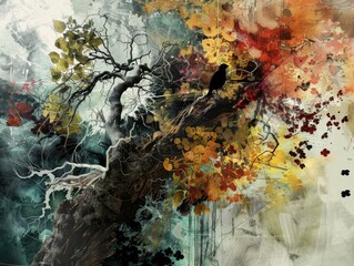 A digital painting of a tree with a large knot in the trunk and branches full of colorful leaves. There are two black crows sitting on the branches. The background is a colorful abstract.