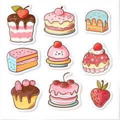 Watercolor stickers set featuring cartoon drawings of tasty cakes and desserts. - obrazy, fototapety, plakaty