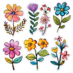Watercolor floral stickers set featuring bright and colorful flowers on a white background. - obrazy, fototapety, plakaty