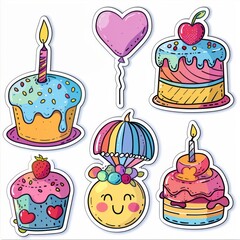 Collection of watercolor stickers for greeting card design with sweet desserts and pastries. - obrazy, fototapety, plakaty