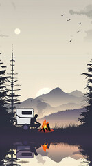 sunset in the mountains in the forest in simple illustration like cartoon