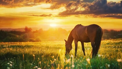 horse grazing in the meadow and sunset background in summertime - obrazy, fototapety, plakaty