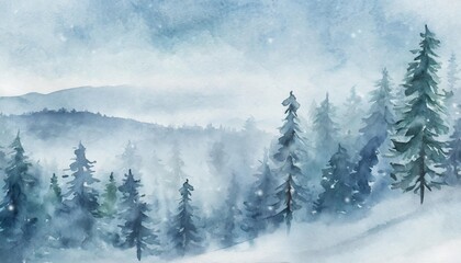 watercolor blue winter landscape of foggy forest hill wild nature frozen misty taiga horizontal watercolor background evergreen coniferous trees in snowfall