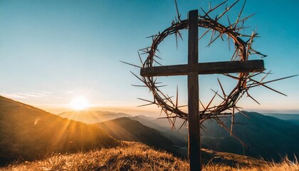 cross and crown of thorns on the mountain with sunset good friday background banner christian...