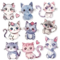 A set of watercolor stickers with cute and happy cartoon kitten designs. - obrazy, fototapety, plakaty
