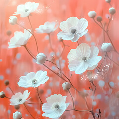 salmon colored background with white blossoms in the front

