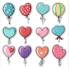 Stickers of colorful heart-shaped balloons, each with a different pattern, white background. - obrazy, fototapety, plakaty