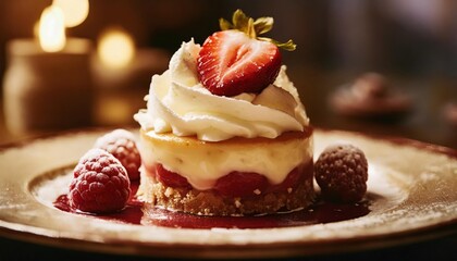 delicious and delicate raspberry dessert with vanilla cream strawberry and whipped cream selective focus