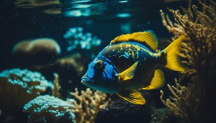 a fish s close up view with blue and yellow hues in a tank with coral and water backdrop - Powered by Adobe