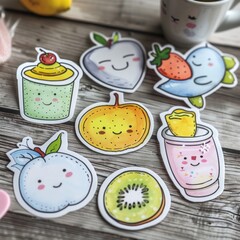 A collection of cute stickers of fruit and drinks sit on a wooden table. Each sticker has a different design and is made with a watercolor style. - obrazy, fototapety, plakaty