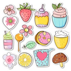 A sticker sheet featuring pastel-colored ice cream, donuts, cakes, drinks, and flowers. - obrazy, fototapety, plakaty