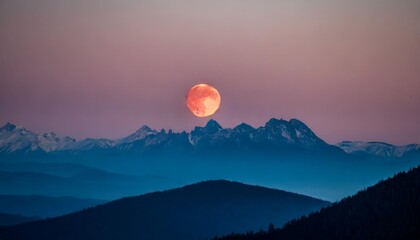 a large red moon is in the sky above a mountain range the scene is serene and peaceful with the moon casting a warm glow over the landscape the mountains in the background add a sense of grandeur - Powered by Adobe