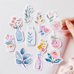 A hand holds a sticker book with a variety of stickers, including watercolor flowers in vases and bottles. - obrazy, fototapety, plakaty