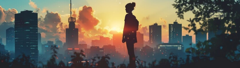 A girl standing on a rooftop overlooking the city. The sun is setting behind her.