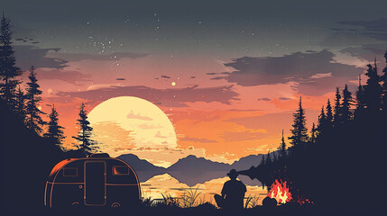 sunset in the mountains in the forest in simple illustration like cartoon