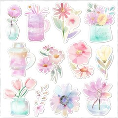A sheet of stickers featuring watercolor flowers in vases and jars. - obrazy, fototapety, plakaty