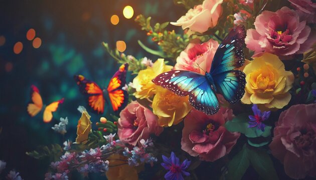 floral background from colorful artificial flowers and morpho godartii butterflies