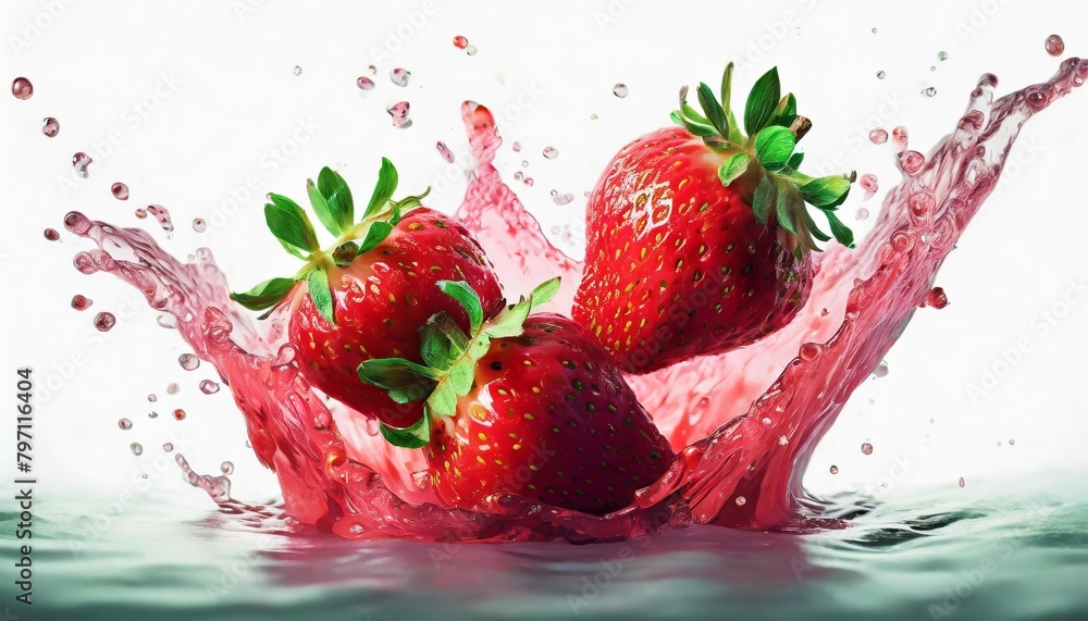 Sticker strawberries in juice splash isolated on a white background