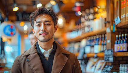 Portrait of a young and modern Japanese man in a liquor store