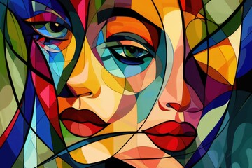 Abstract image of female human face looking at camera in cubism style. Portrait artistic image of beautiful cute woman with red lip with colorful color. Digital artwork concept. Focus on face. AIG42.
