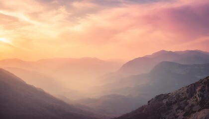 beautiful mountains landscape at sunset warm golden pink pastel light outdoors adventure travel banner website design desktop background cover spring concept